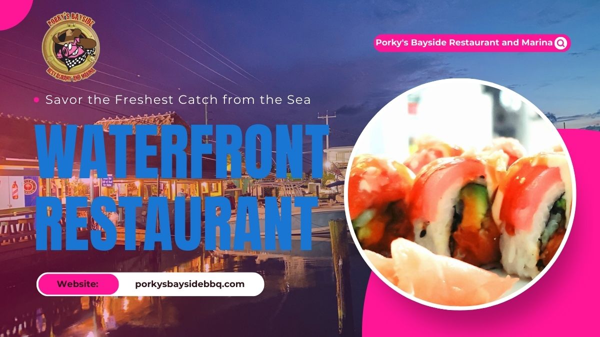Image for "Porky's Bayside Restaurant and Marina" featuring waterfront dining, fresh seafood, and sushi with background shows a dimly lit, rustic outdoor seating area