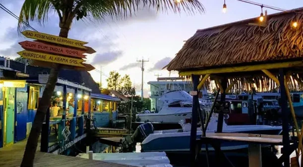 Waterfront dining experience at Porky's Bayside Restaurant and Marina, one of the premier tourist attractions in Marathon FL