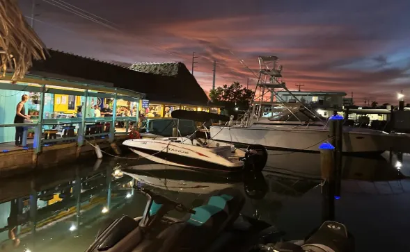 Waterfront dining at Porky's Bayside Restaurant and Marina in Marathon Fl